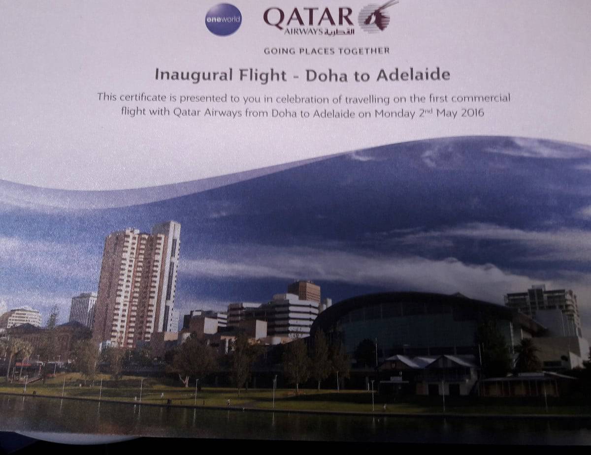 Qatar Airways Einführungsflug von Doha nach Adelaide